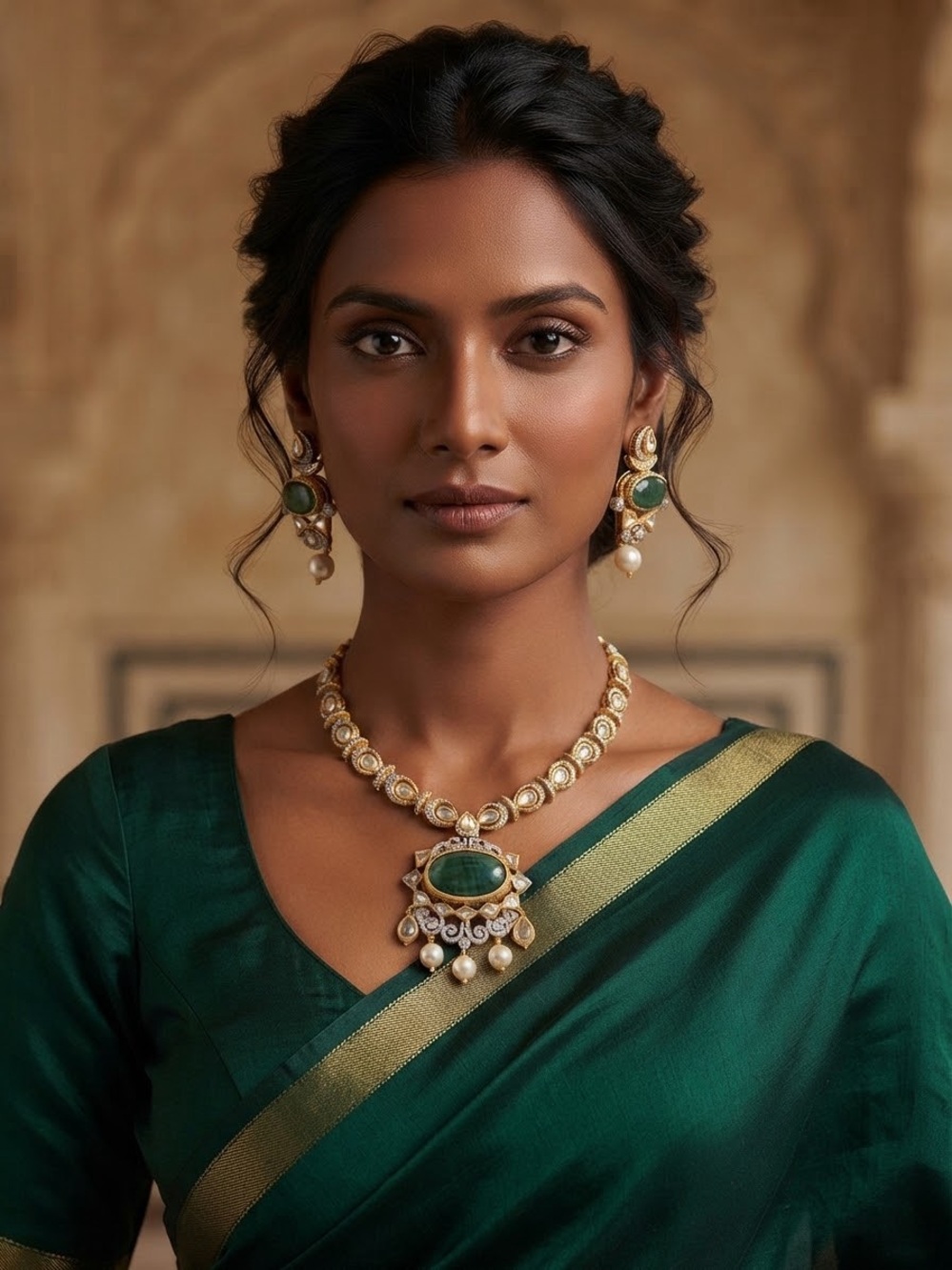 Emerald Green Kundan Necklace & Earring Set - Women Jewelry